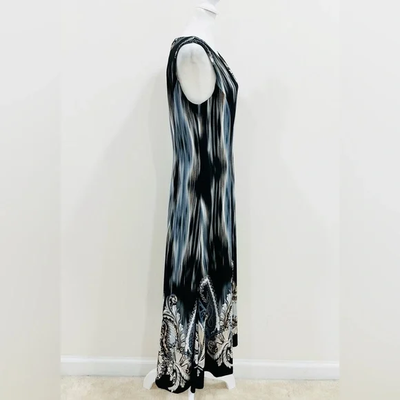 Julian‎ Taylor Midi Dress A-Line Geometric Sleeveless Summer Black Stretch Sz 12 - Picture 3 of 10